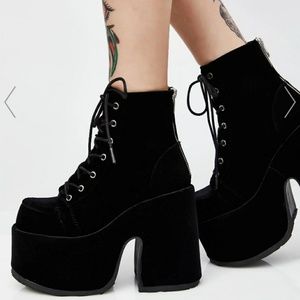 Demonia Camel Velvet Platform Ankle Boots